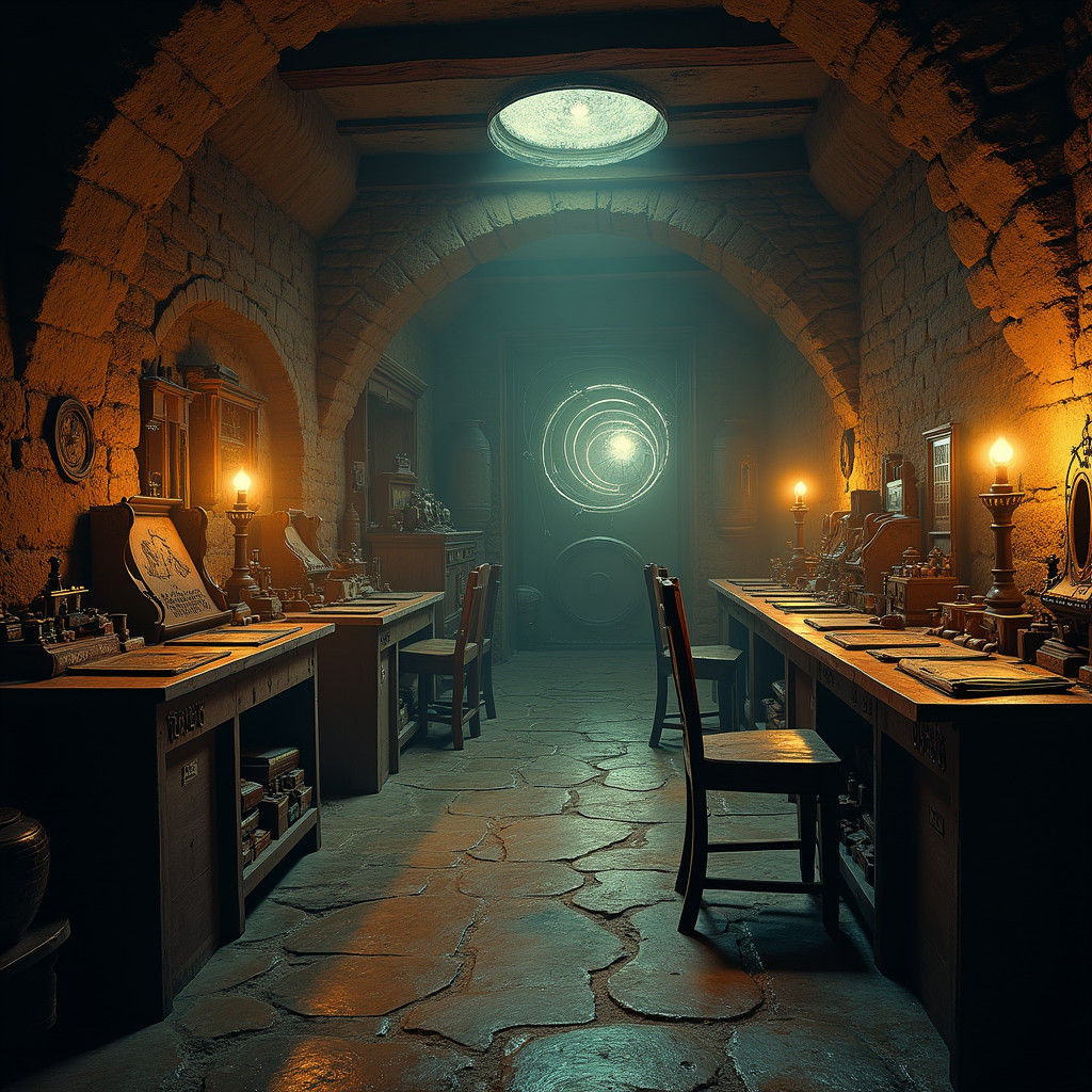 Eerie Victorian Basement Chamber with Mystical Artifacts