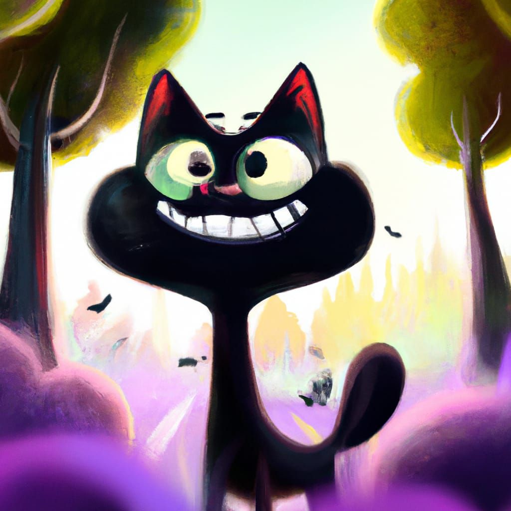 Black Cartoon Cat in Fairy Wonderland Illustration