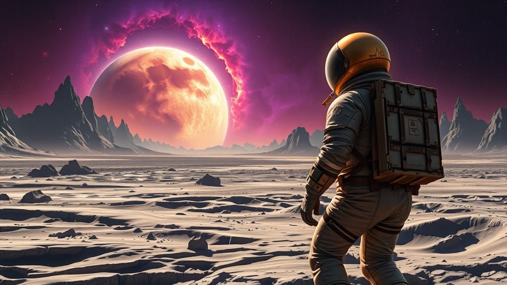 Heroic Astronaut Stands at Edge of Desolate Moon, Gazing int...