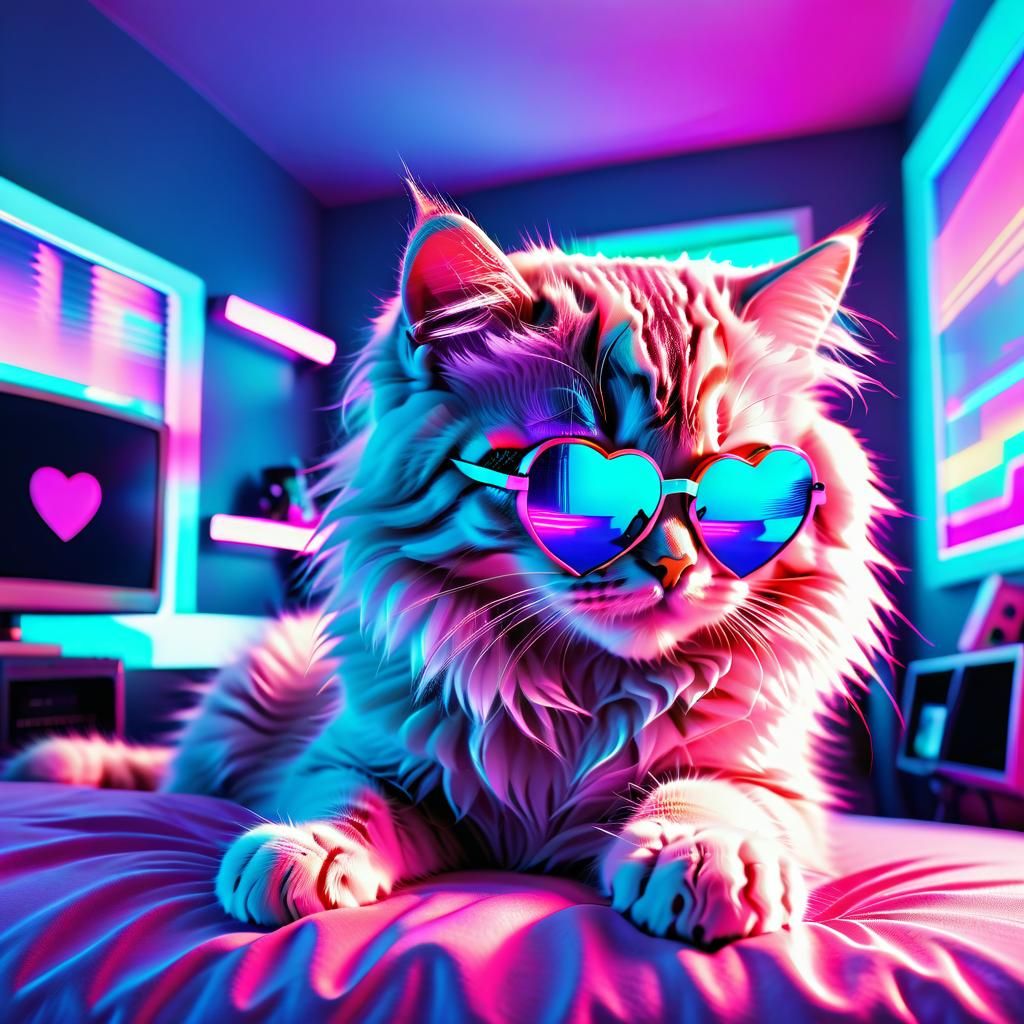 Vaporwave Aesthetic themed adorable kitten in heart shaped s...
