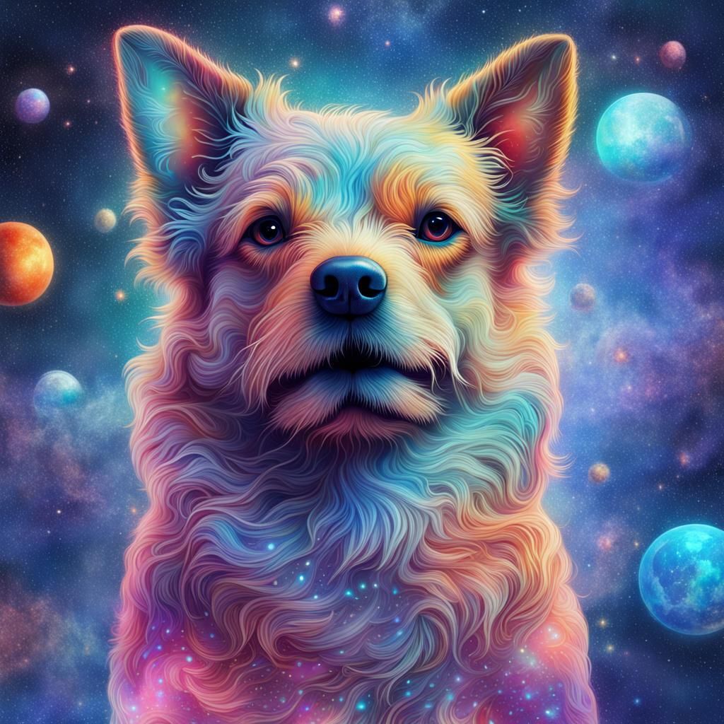 Cute Dog in Holographic Cosmic Astral Illustration