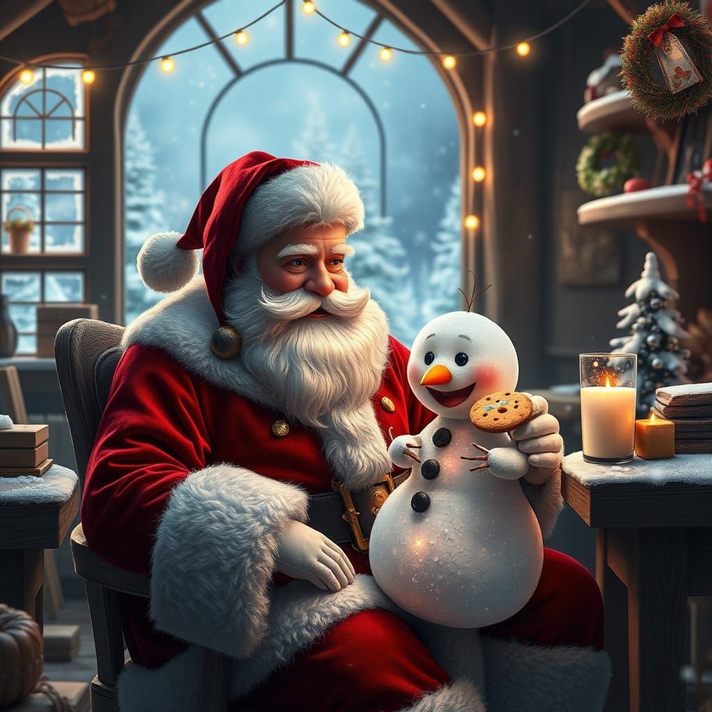 Santa's Whimsical Snowman Gift in Cozy Workshop
