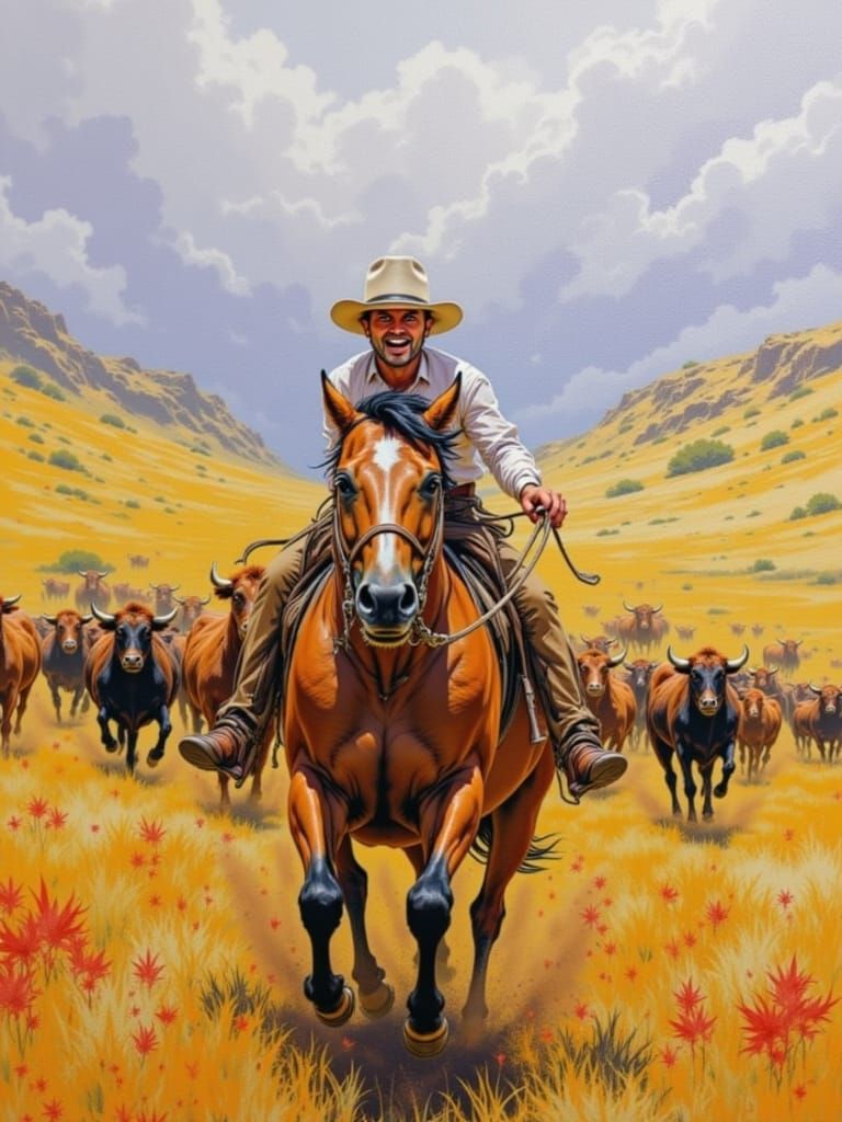 Cowboy Stampede: A Whimsical Watercolor Storybook Scene