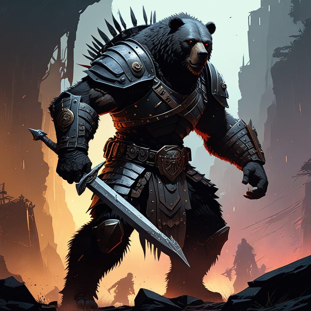 Bear-Faced Warrior in Hyper-Realistic Armor Wields Double-Si...