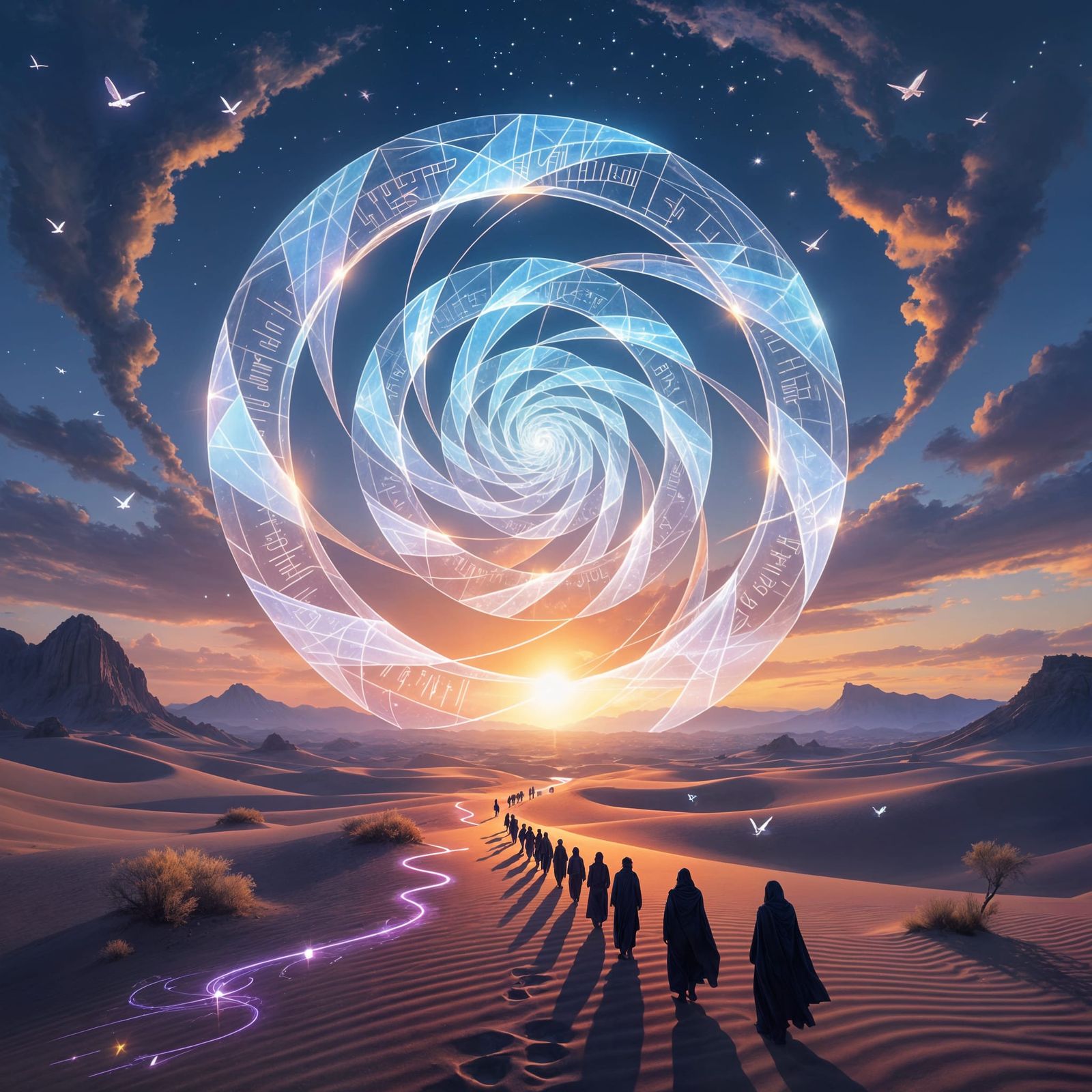 Surreal Crystal Spiral Over Glowing Desert at Dusk