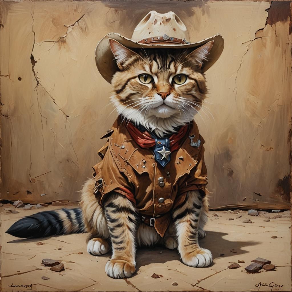 Cowboy Cat Portrait in Oil Paint Style