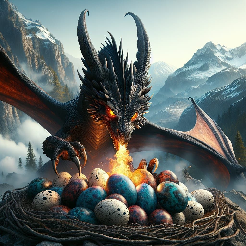 A Hungarian Horntail dragon protecting her eggs in their nest on top of a mountain