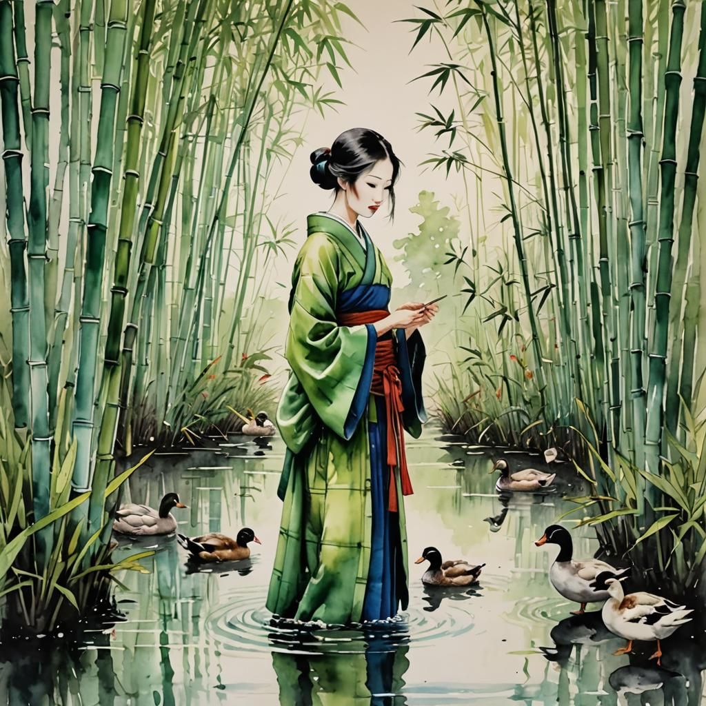 Japanese Girl Feeding Ducks, Watercolor Style