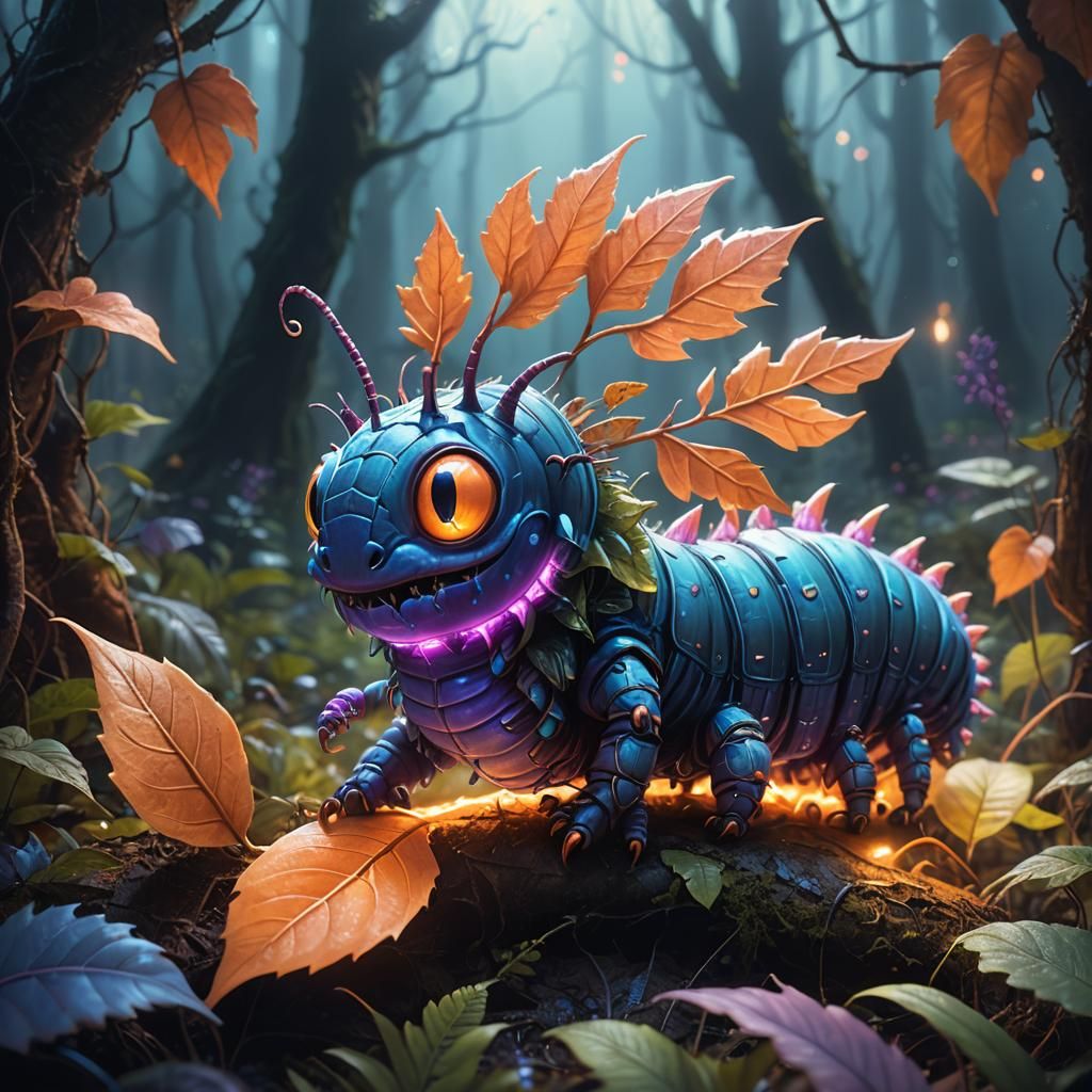 Caterpillar Monster Eats Glowing Leaf in Mystical Forest