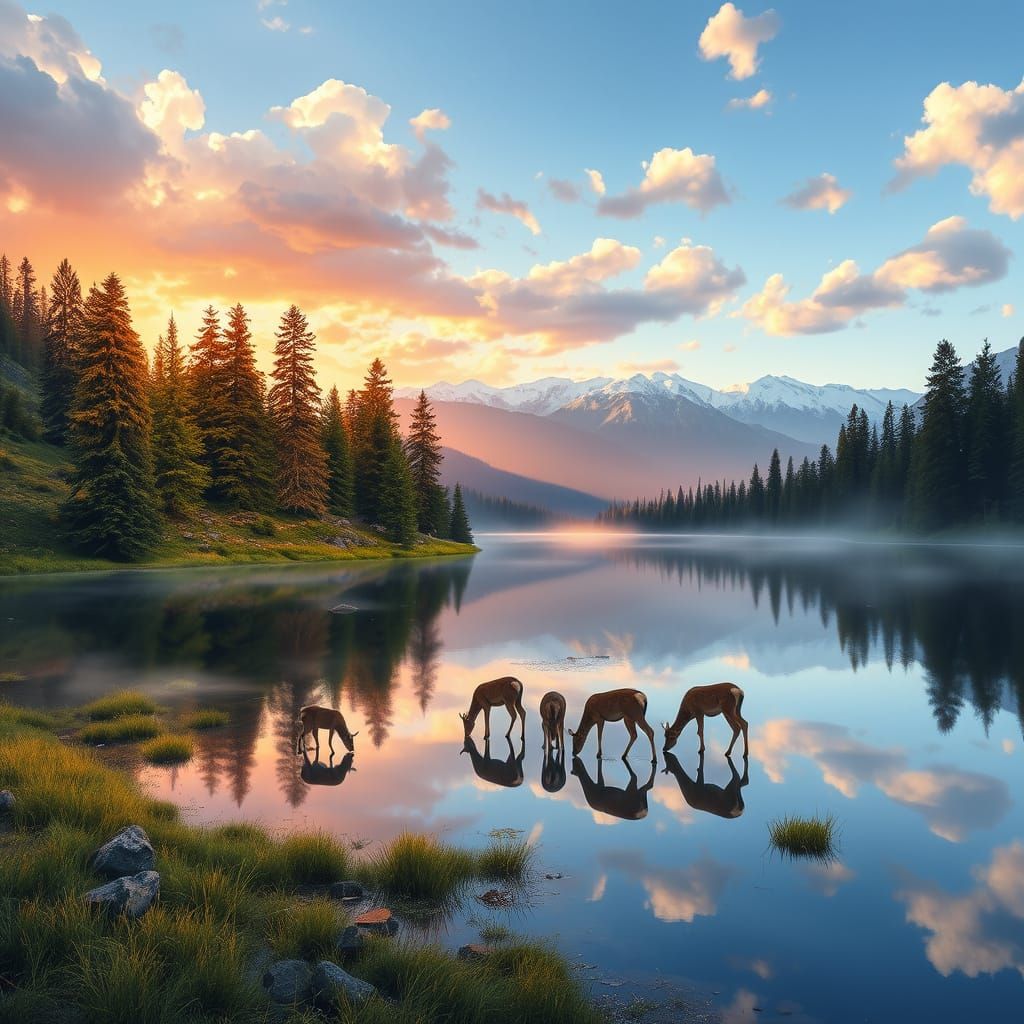 Alpine Lake Reflection at Sunset in Bob Ross Style