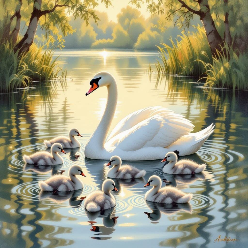 Regal Swan With Ten Hatchlings in Golden Hour Lake