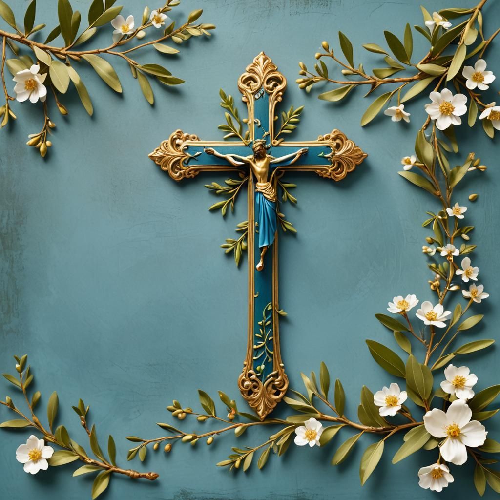 Elegant Banner with Cross, Flowers and Olive Branches