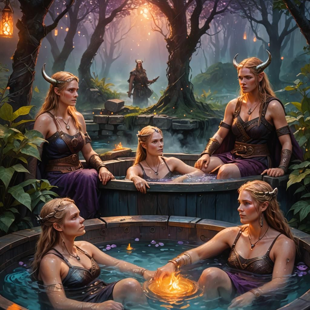 Viking Women Relaxing in Mystical Hot Tub as Oil Painting