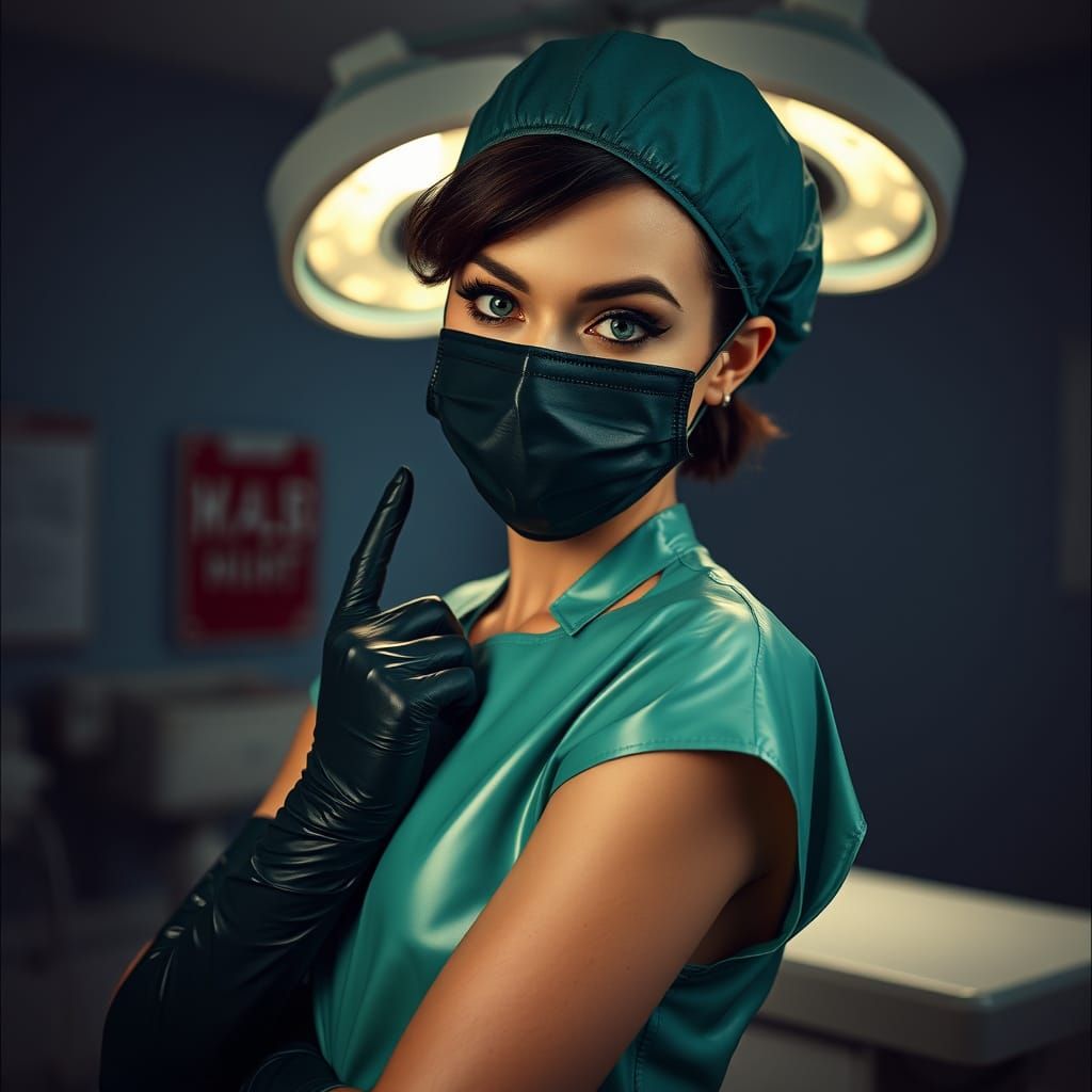 Seductive Surgeon Girl in Dark Green Latex