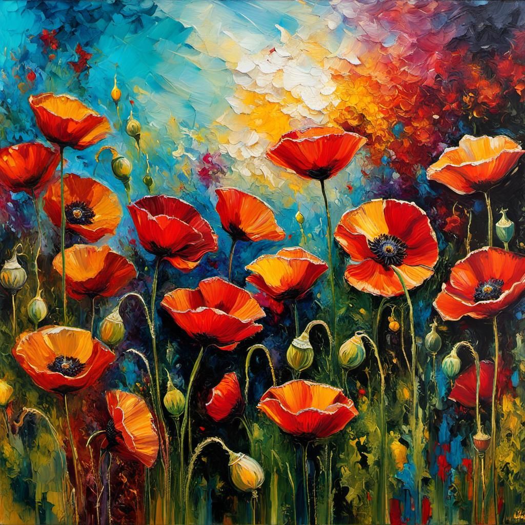 Poppies in Encaustic and Alcohol Ink