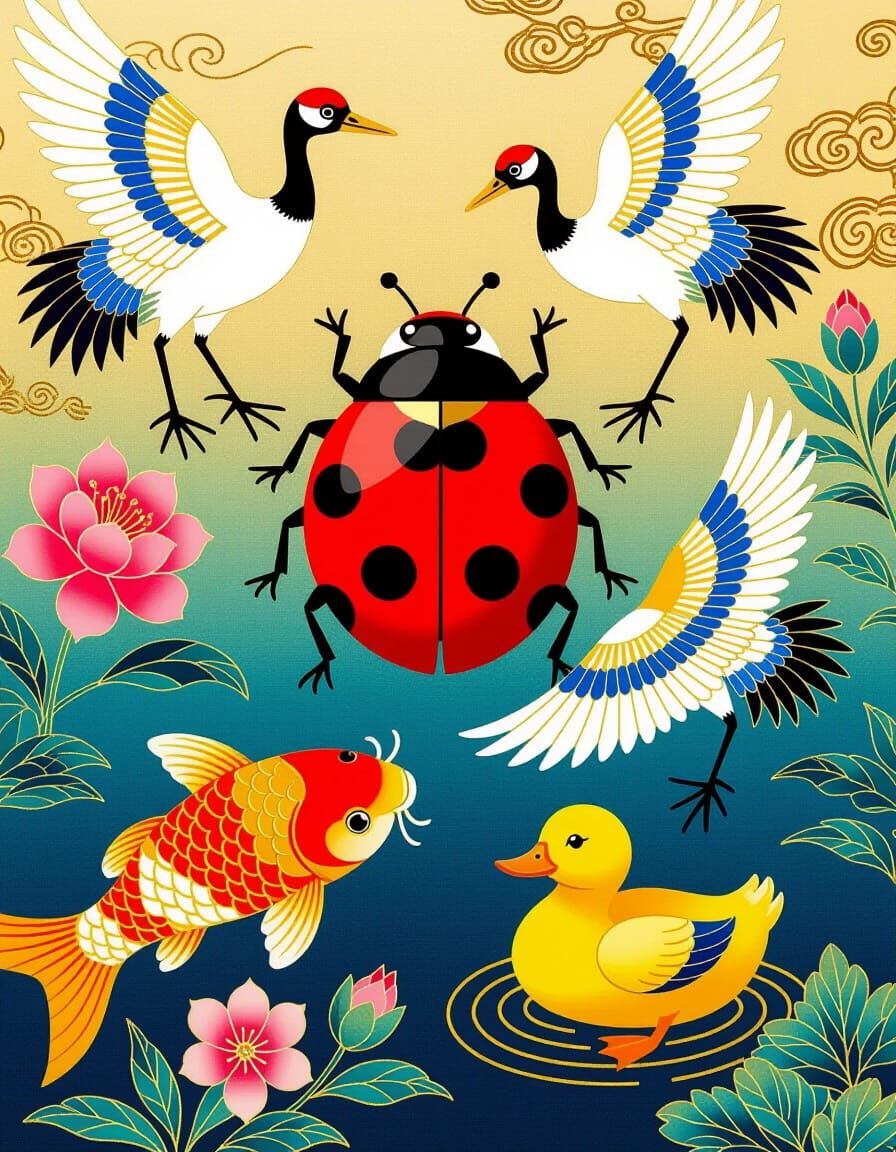 Ladybug Tapestry Art with Cranes, Koi, and Ducks