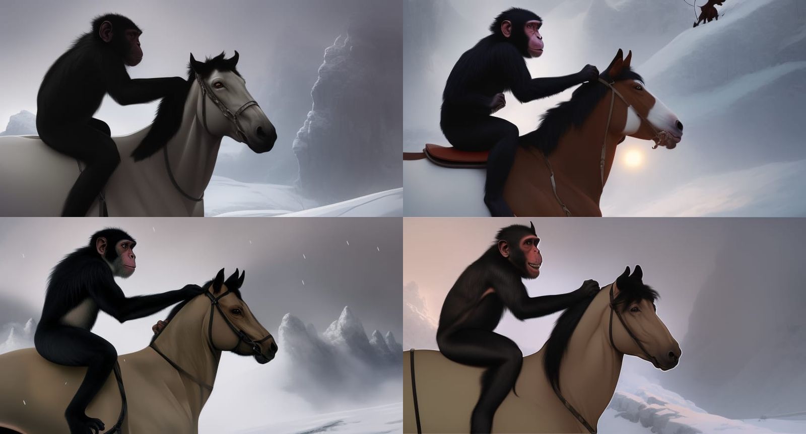 Monkey Riding Horse in Winter Cel-Shaded Art
