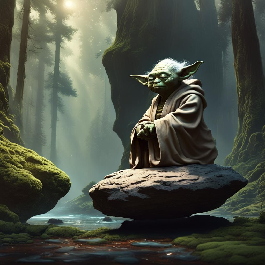 Yoda Meditating on Forest Planet, Digital Matte Painting