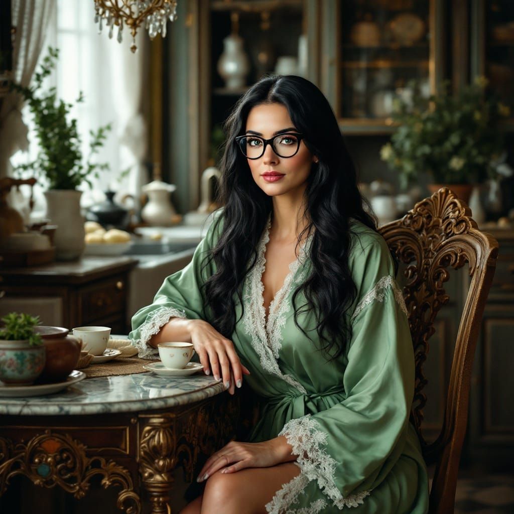 Victorian Woman in Kitchen, Art Nouveau Style