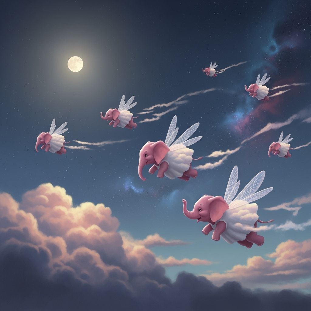 Pink Elephants Fly Through Starry Sky