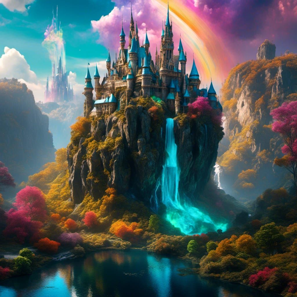 Majestic Castle Floating Above Rainbow Waterfalls