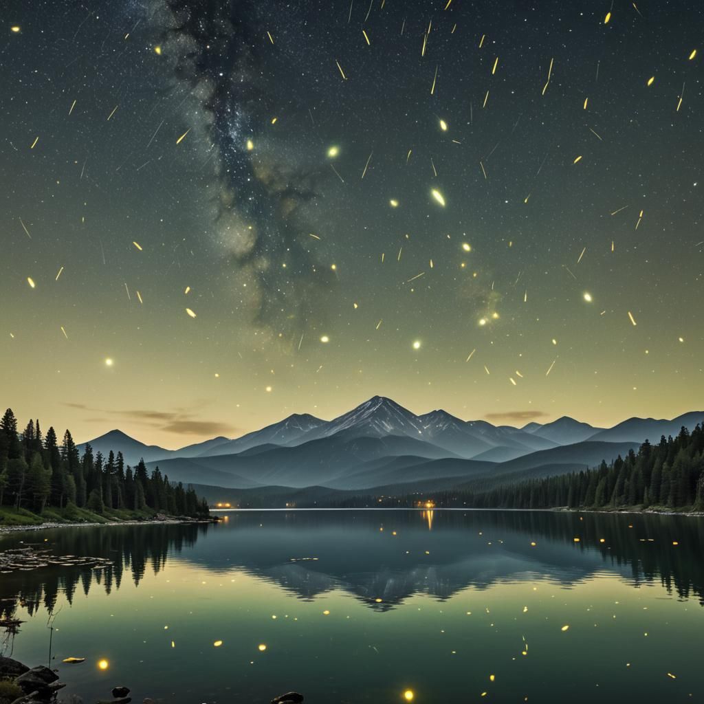 Fireflies and Zombies Over Mountain Lake Photo
