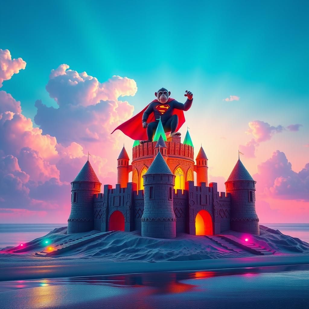 Superhero Monkey's Neon Sandcastle at Dusk