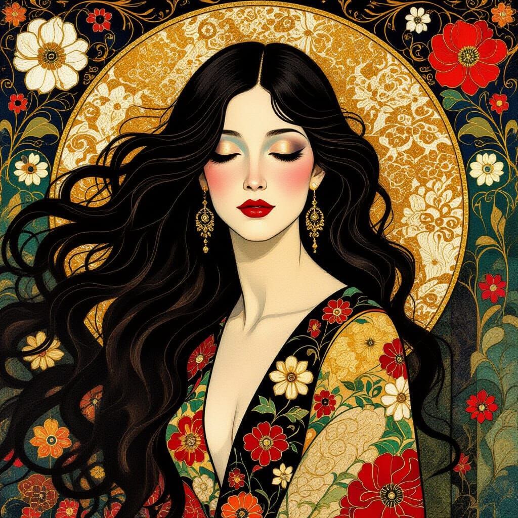 Mysterious Woman in Art Nouveau Style with Floral Details