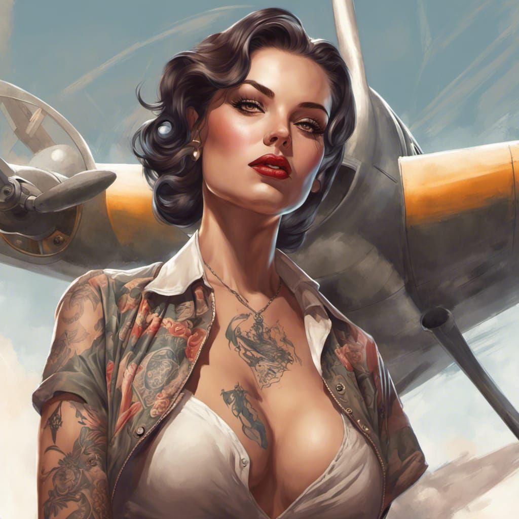 Pinup Model with Warbird in Hyperdetailed Digital Art