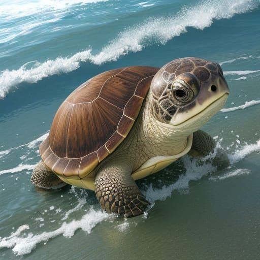 Whimsical Smiling Baby Turtle on Sunny Beach