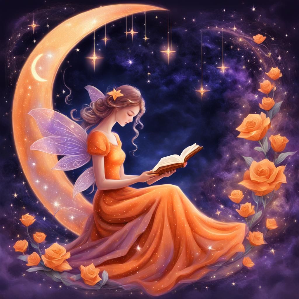 Fairy Reading on Moon in Whimsical Fantasy Art