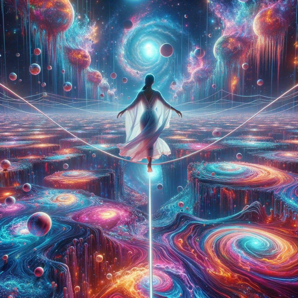 Multicultural Tightrope Walker Soars Over Alien Galaxy Pool