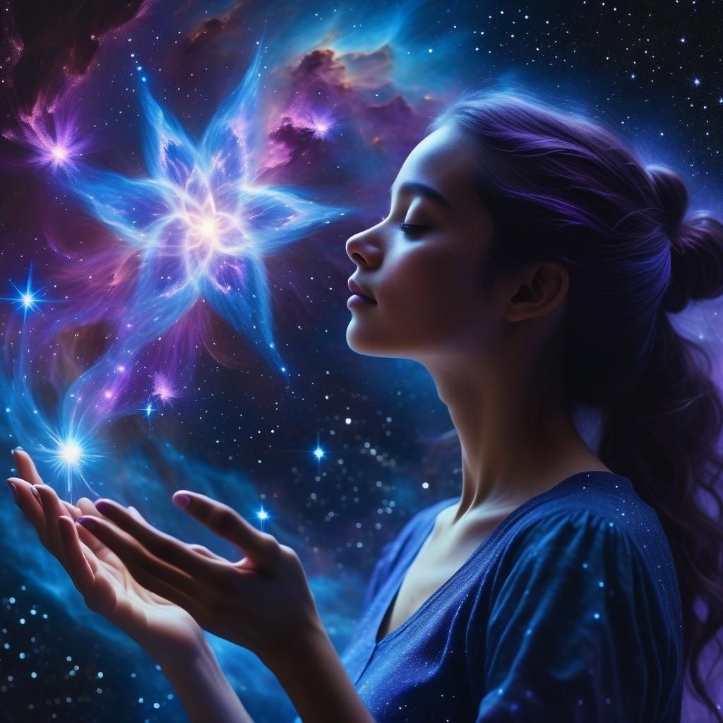 Woman Shaping Nebula Into a Bright Blue Star