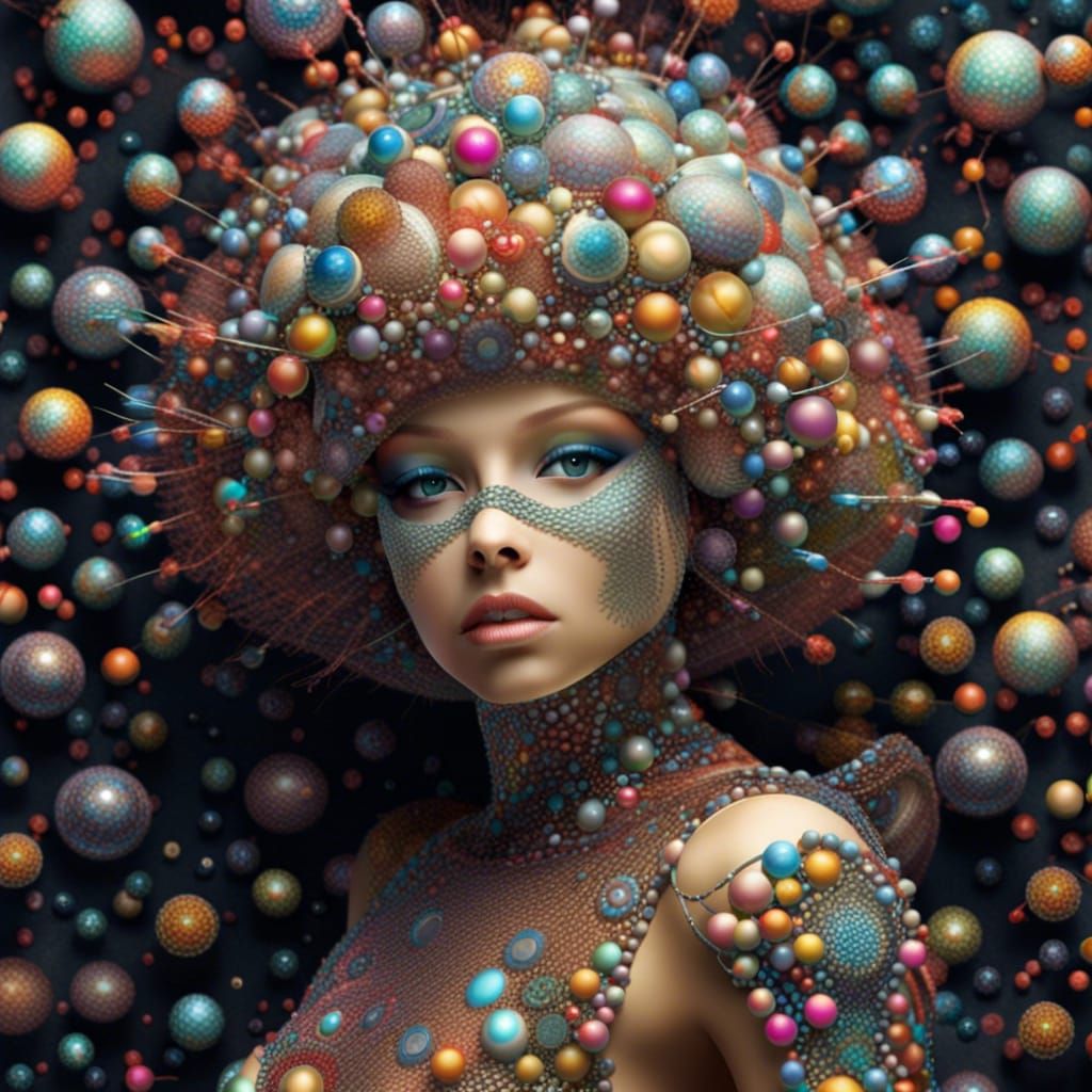 Nanotech Fashionista with Orbs and Geometric Patterns