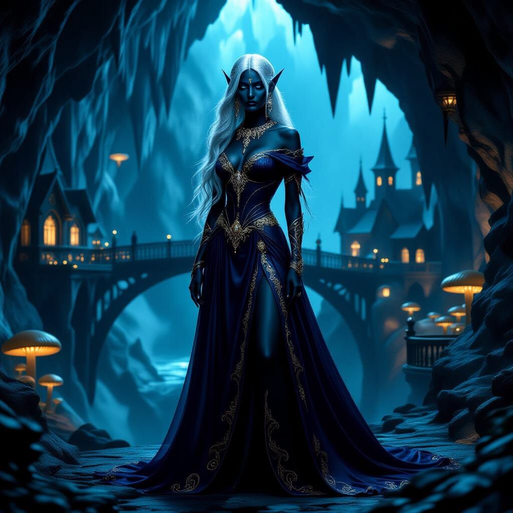 Dark Elf in Bioluminescent Cavern, Dark Fantasy Style