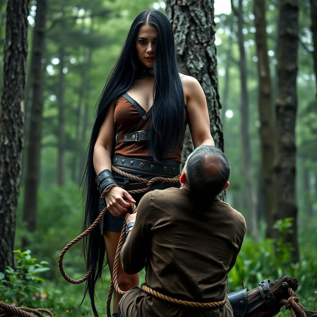 Dominant Woman in Forest with Submissive Man: Hyper-Realism