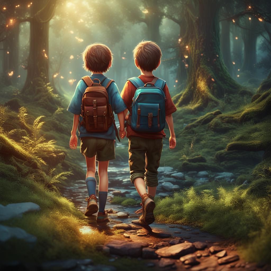 Siblings' Forest Adventure in Detailed Matte Painting Style