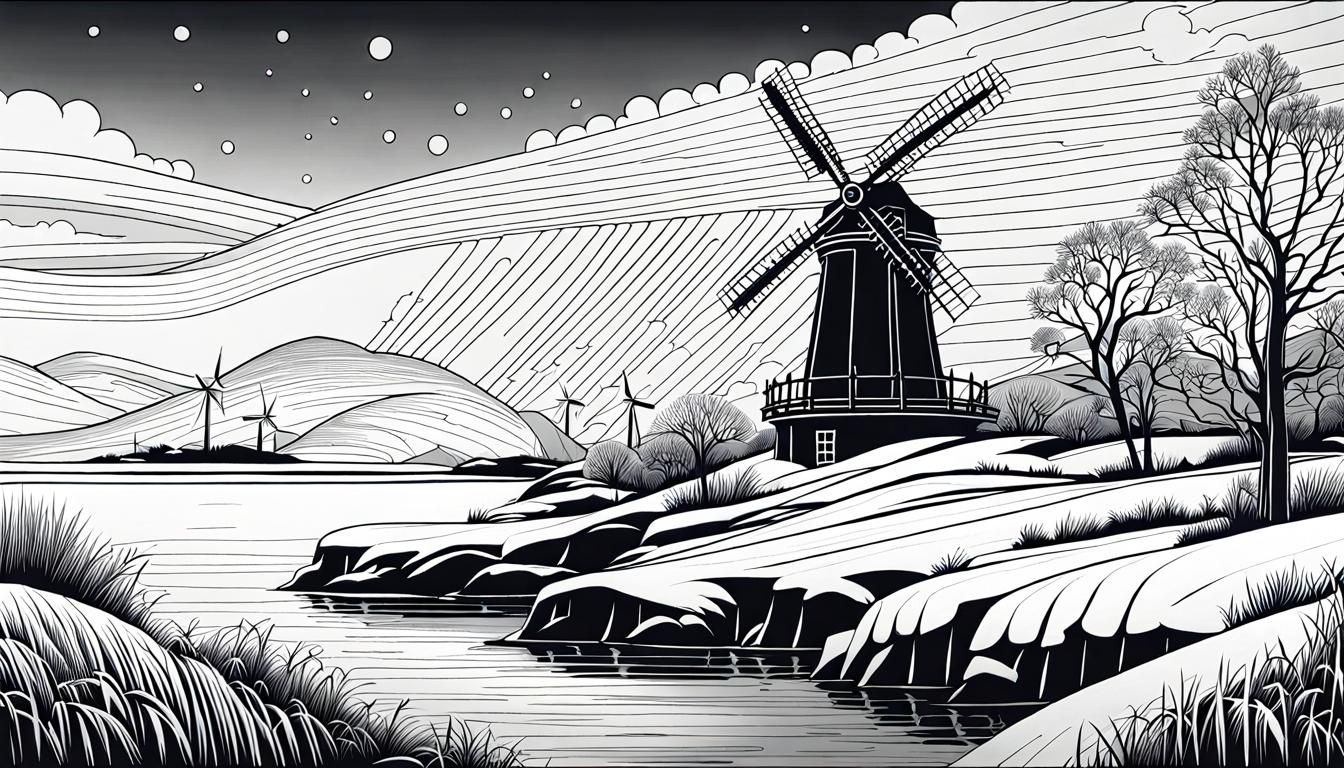 Detailed Line Art Windmill in Winter Seascape