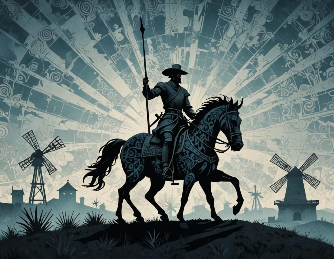 Don Quixote Silhouette Art in Wes Anderson Style