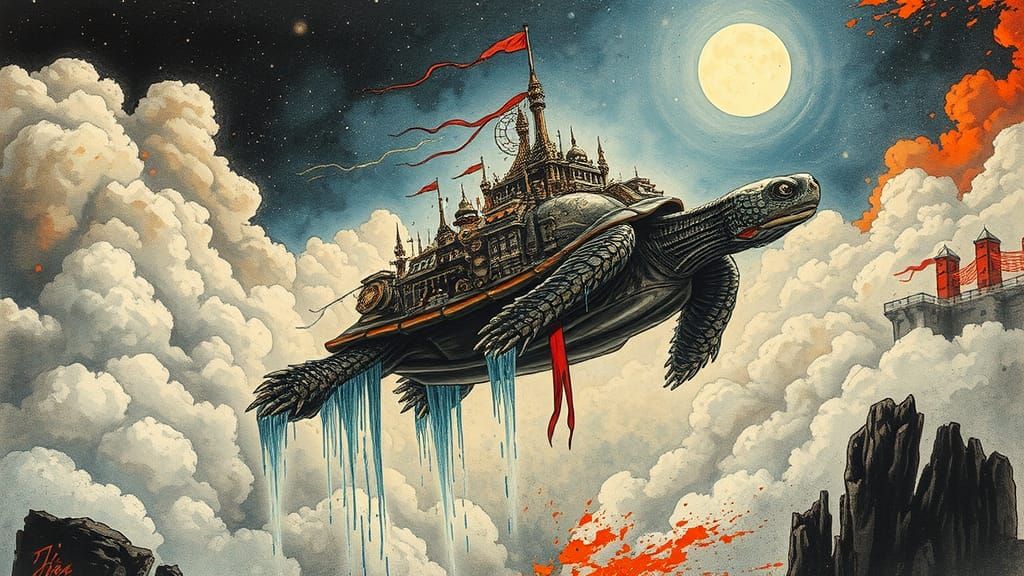 Steampunk City on Flying Turtle in Ink Splatter Art