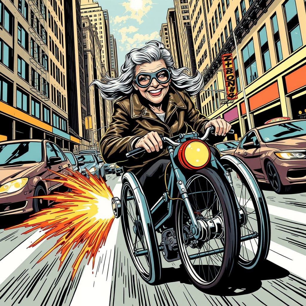 Elderly Woman's Rocket Wheelchair Ride in Pop Art Style