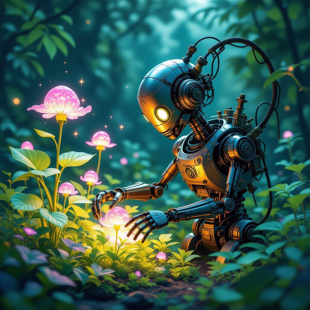 Steampunk Automaton in Bioluminescent Garden: Fantasy Concep...