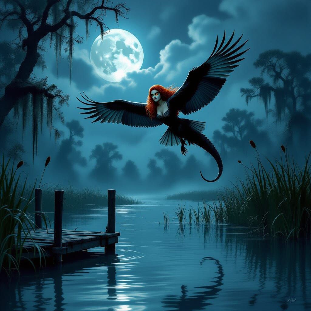 Eerie Swamp Scene with Hybrid Creature, Sinister Art