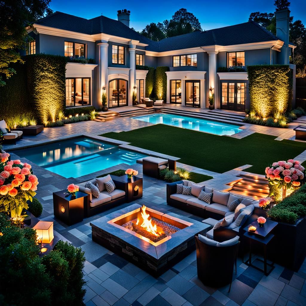 Mansion Patio with Pool, Waterfall, and Fire Pit