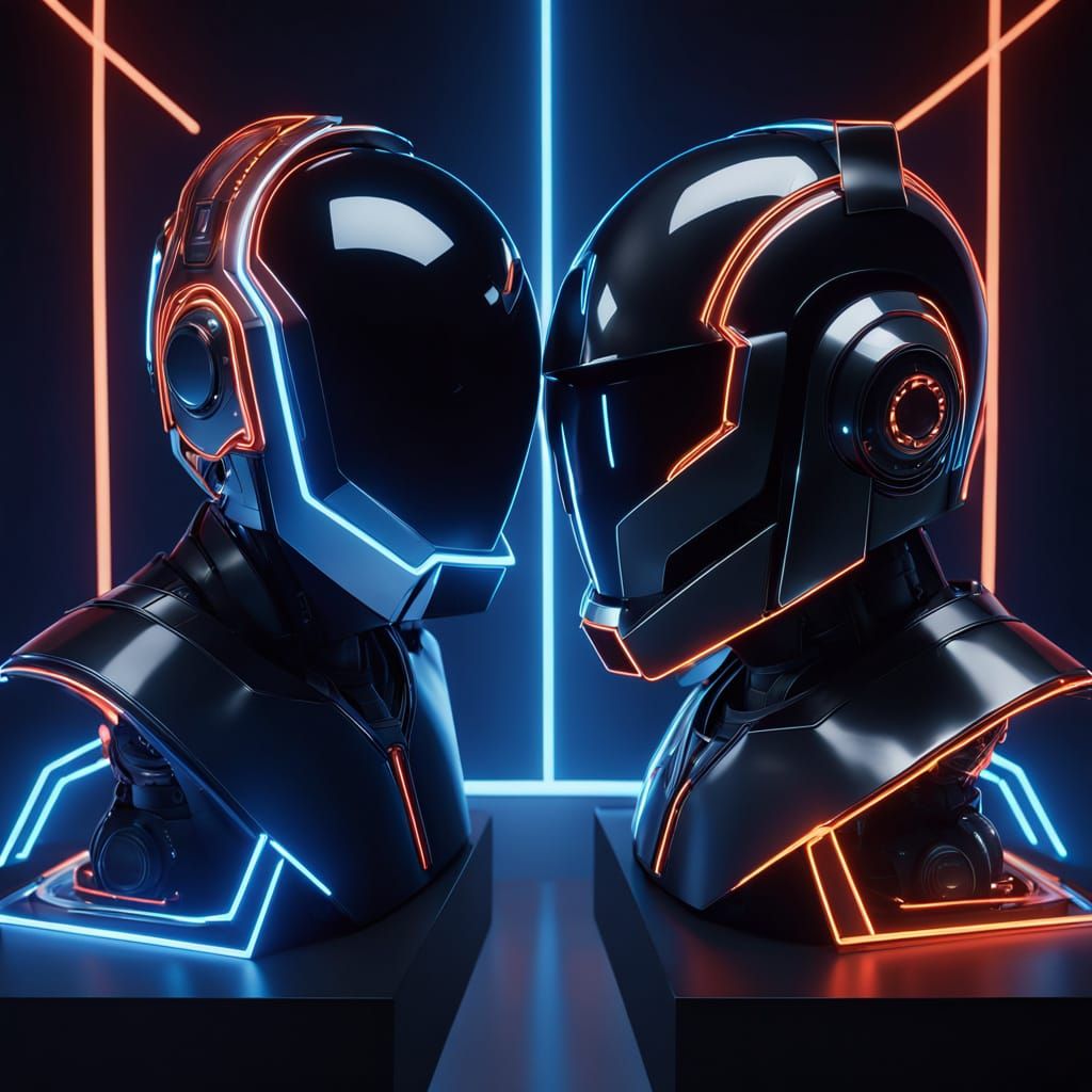Daft Punk Helmets in Virtual Museum, Neon Digital Art