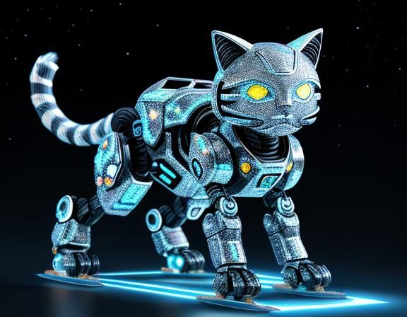Metallic AI Robot Cat Ice Skating in Cosmic Disco