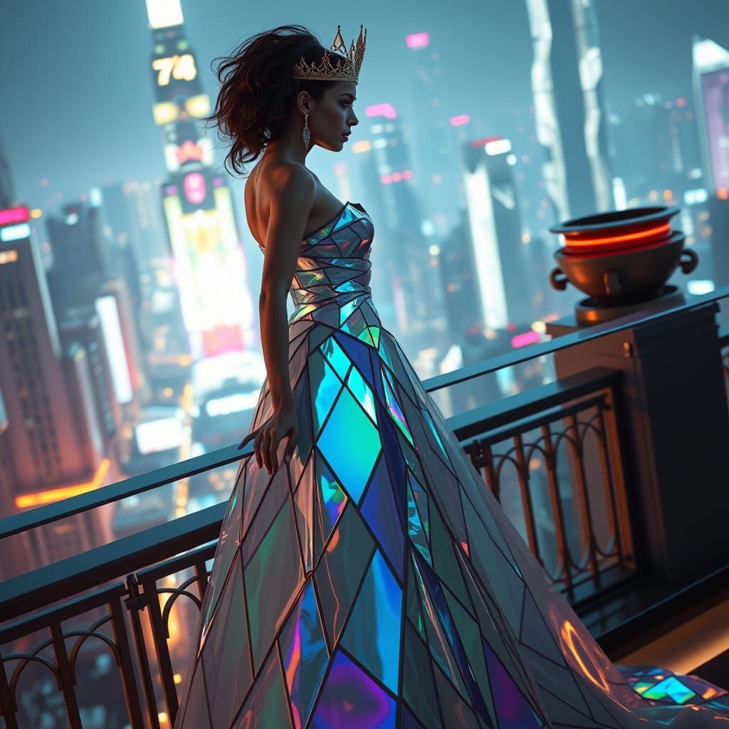 Regal Queen on Balcony Overlooking Futuristic City