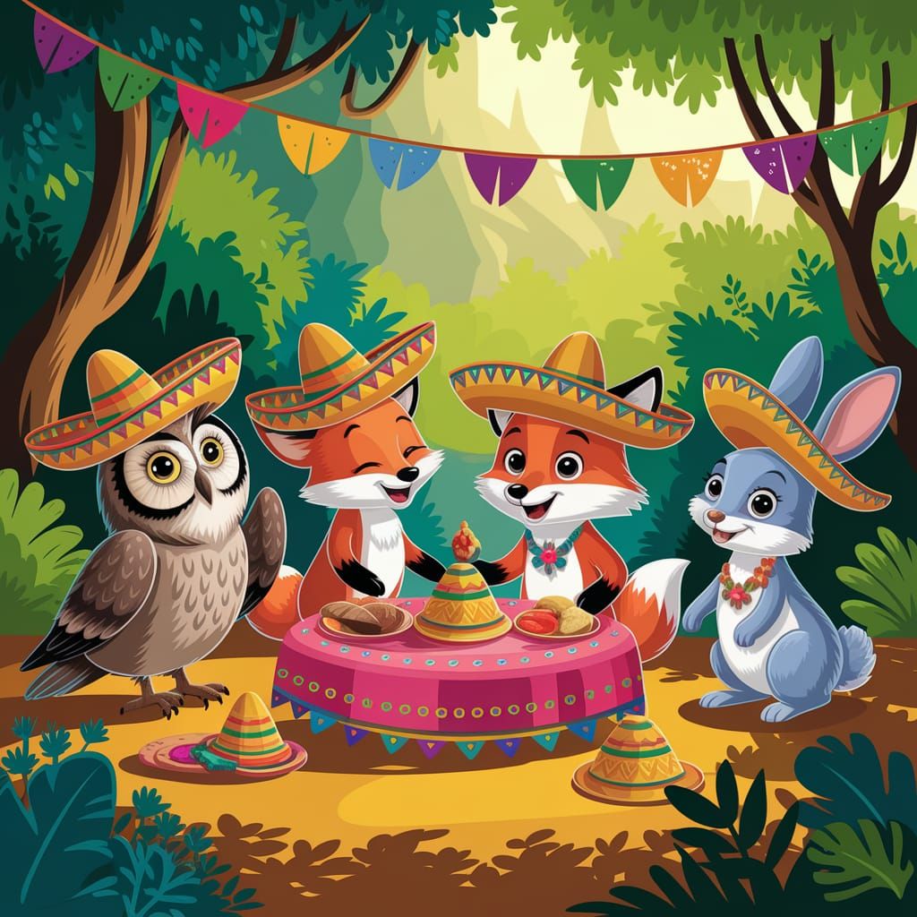 Forest Animals Celebrate Fiesta with Sombreros