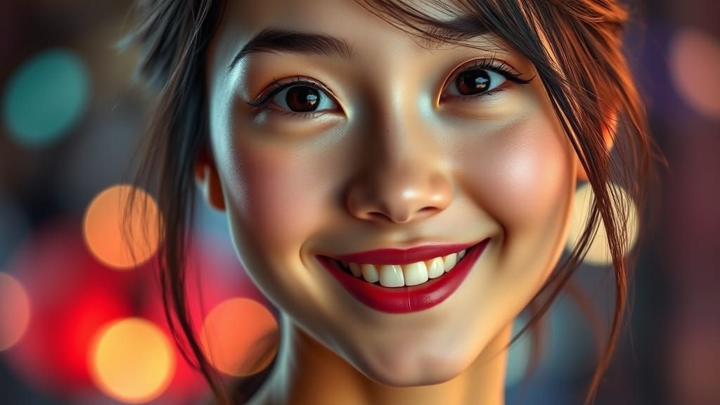 Ghibli-Inspired Young Woman with Bright Smile and Sparkling ...