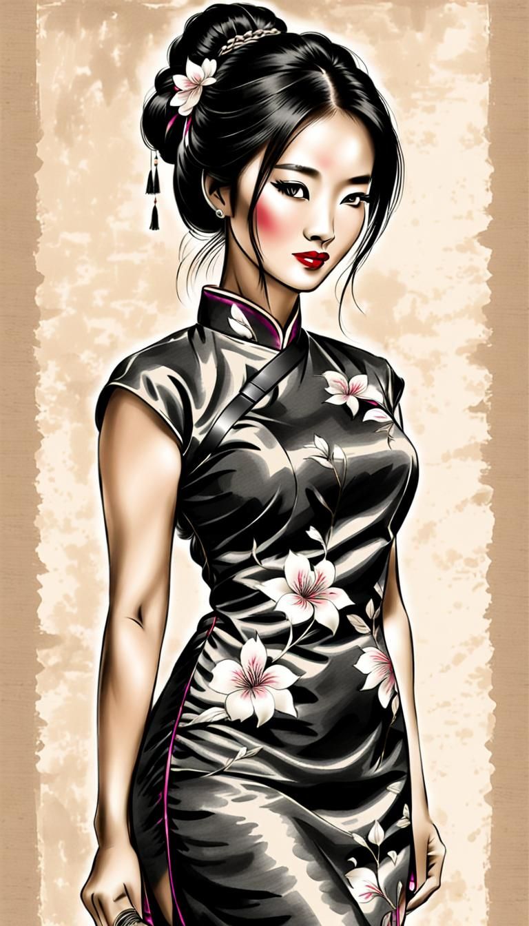 Elegant Asian Woman in Qipao, Charcoal Sketch